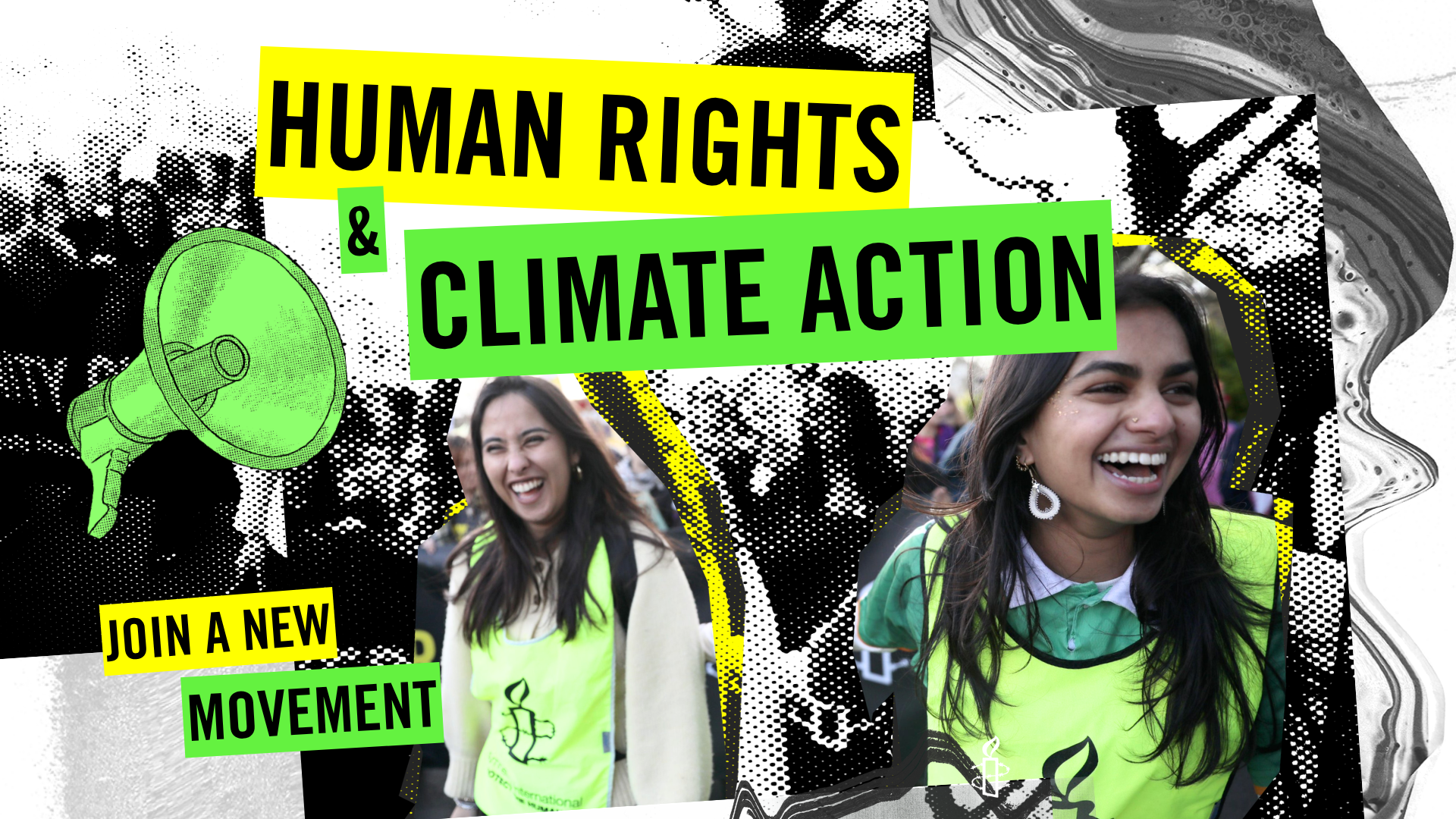 Image of two young people leading an Amnesty march. The heading says 'Human Rights and Climate Action, join a new movement'