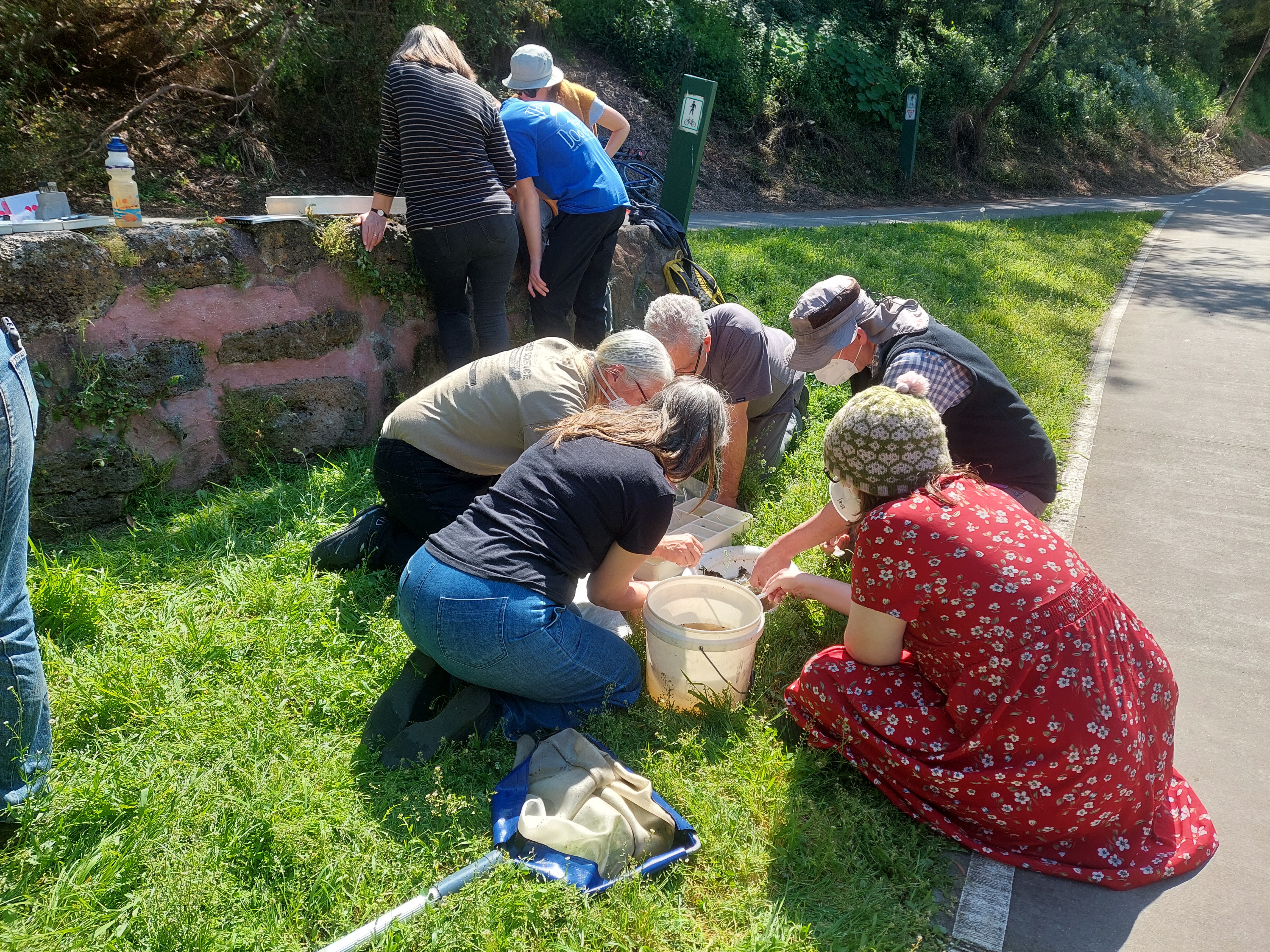 people standing and sitting on grass looking at buckets of water